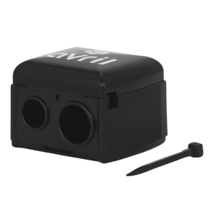 Double pencil sharpener with catcher and cleaning blade