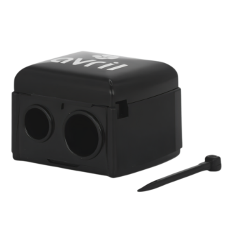 Double pencil sharpener with catcher and cleaning blade