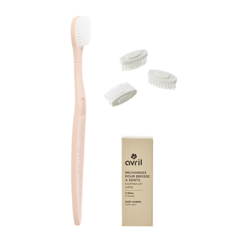 Kit manche rose + 3 têtes de brosse à dents - Poils souples