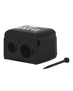 Double pencil sharpener with catcher and cleaning blade