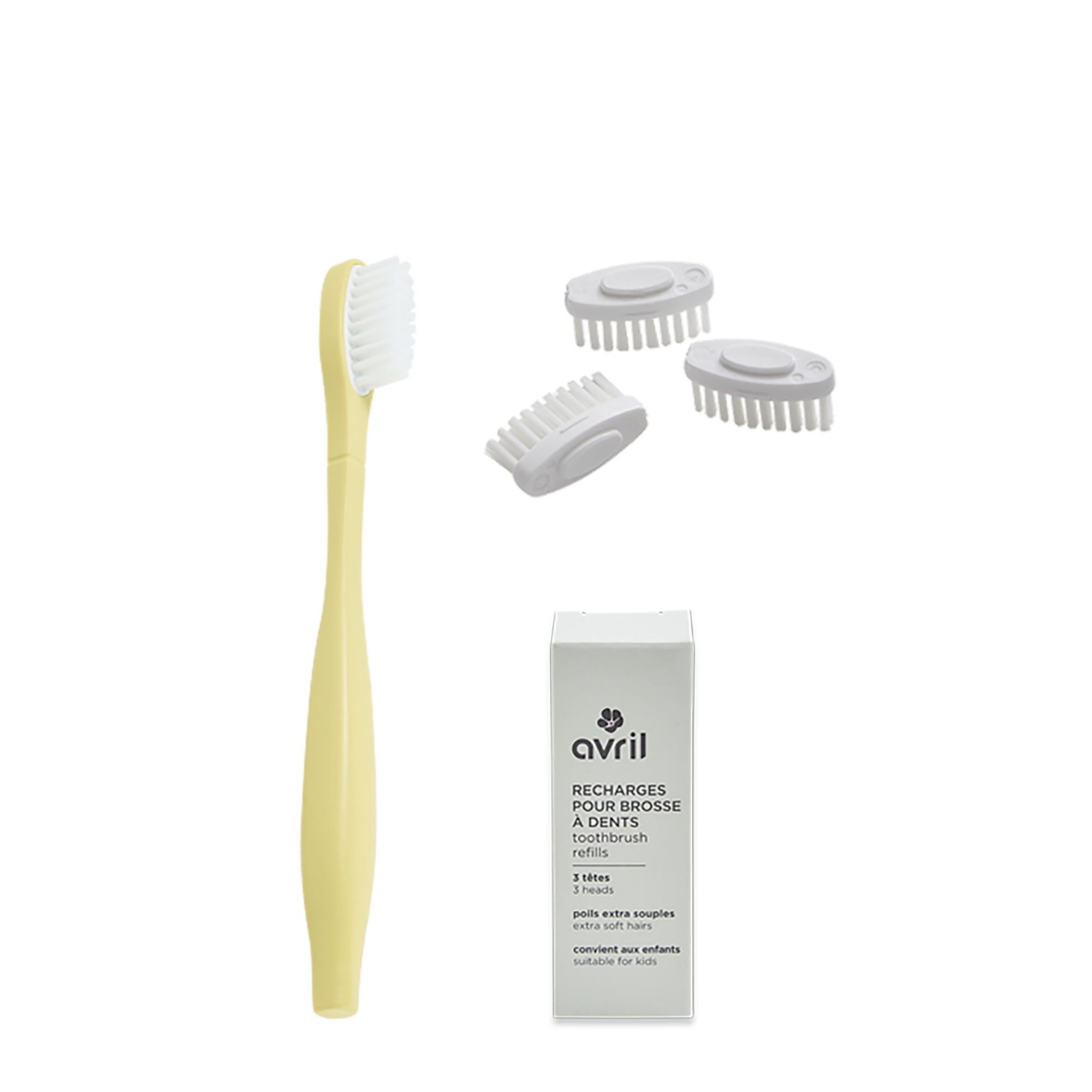 Kit enfant manche jaune + 3 têtes de brosse à dents - Poils extra souples